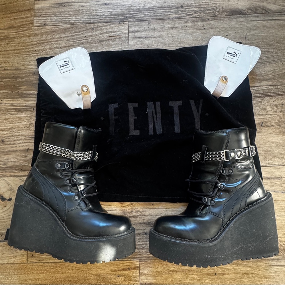 Puma Black Wedge Boots with Chain Detail, Boot Bag and Clip On Accents